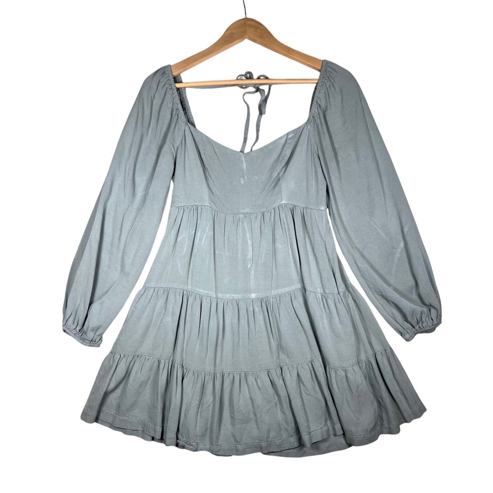 Cottagecore Tiered Mini‎ Dress Long Sleeve Square Neck Tie Back S Peasant